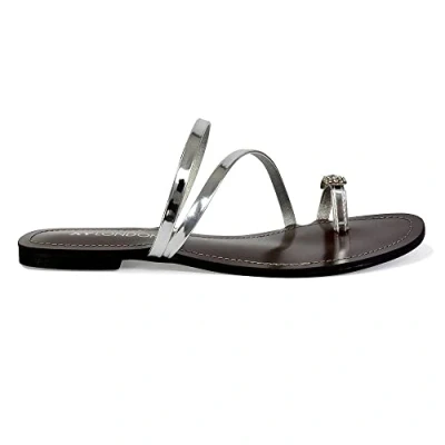 Image of Womens Flat Slip On Sandals Ladies Diamante Toe Post Holiday Slider Shoes Size 3 8 Silver
