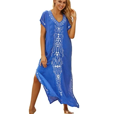 Image of YouKD Summer Cotton Embroidered Floral Loose Caftan Boho Beach Bikini Cover Up Dress Plus Size Robe for Women