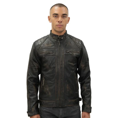 Image of Men&#039;s Vintage Black Retro Leather Jacket Classic Racing Quilted Biker Moto Fashion 3XL