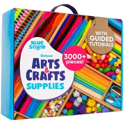 Image of Blue Squid Arts &amp; Crafts Chest 3000+ pcs Deluxe Craft Supplies Box with 2 Drawers, 18 Compartments, Sturdy Handle School Art Crafting Kit Set for Kids, Girls, Boys Ages 4 5 6 7 8 9 10 11 12