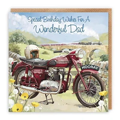 Image of Hunts England Vintage Motorbike Dad Birthday Card Steam Train Countryside Classic Motorcycle Stunning Artistic Adult Milo&#039;s Gallery Collection