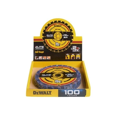 Image of Dewalt 24T Elite Series Circular Saw Blades 165mm (x10 CDU), suitable for ripping and cross cutting natural timbers composite wood based sheet materials e.g. Plywood, MDF chipboard.