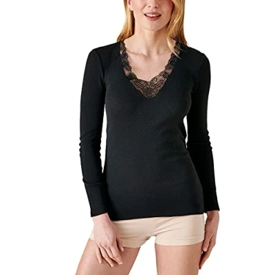 Image of Damart Women&#039;s T Shirt Manches Longues Maille Ajourée Thermolacty Underwear, Black, L