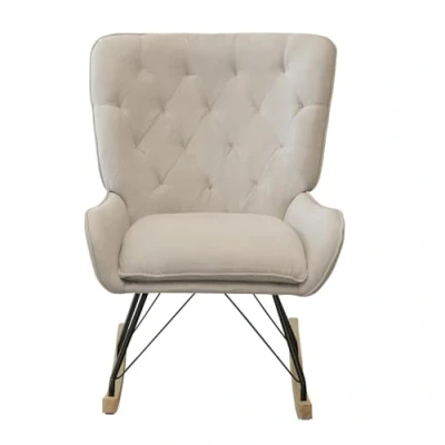 Image of Alivio Rocking Chair for Nursery, Relaxing Armchair with High Backrest Adults Mum Feeding &amp; Reading, Glider Fabric Metal Legs Wood Base, Living Rooms, Bedrooms, Balcony, Beige