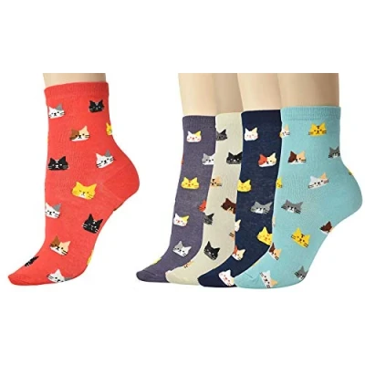 Image of Vinsani® Kitty Print Socks 5 Pairs Pack Cat Face Design OneSize Fits All Cotton