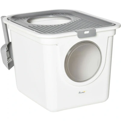 Image of PawHut Cat Litter Box Pet Toilet Enclosed Kitten Pan w/Front Entrance Top exit Scoop, White