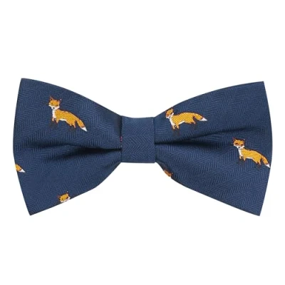 Image of King &amp; Priory Navy Blue Herringbone Embroidered Fox Bow Tie