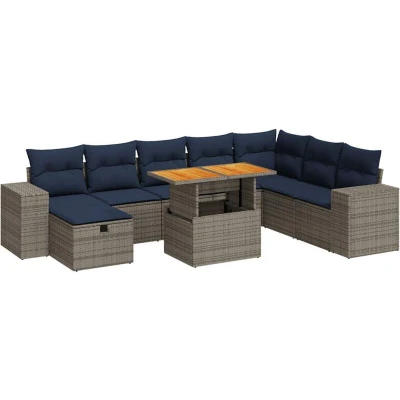 Image of Vidaxl 9 Piece Garden Sofa Set with Cushions Grey Poly Rattan Acacia