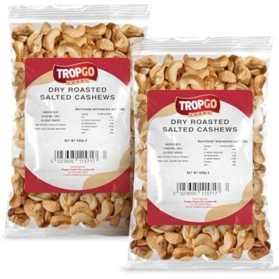 Image of Tropgo Roasted Cashew Nuts 500g Pack of 2 Packed Fresh, Lightly Salted with Fibre, Protein and Minerals, Perfect for Snacking Kosher Approved Cashews Bulk Buy