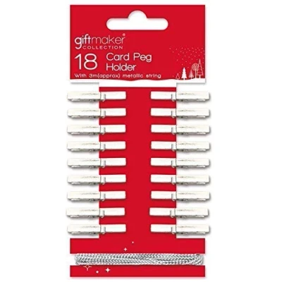 Image of Giftmaker Collection Set of 18 Gold or Silver Christmas Card Holder Pegs &amp; 3m String Cord (Silver)