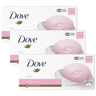 Image of Dove Pink Moisturising Beauty Cream Bar 3 in 1 Cleanses, Moisturises and Nourishes Soap for Soft, Smooth Skin Vegan, Crealty Freee Dermatologically Tested 6x90g, Pk