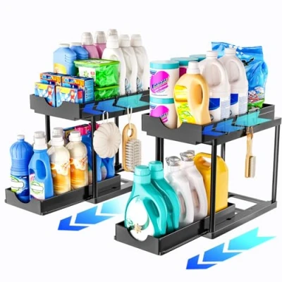 Image of SavvyStor 2 Pack Under Sink Storage Tier Pull Out Cabinet Organiser, Bathroom Cabinet, Cupboard Organiser with Hooks, Kitchen &amp; Organisation, Black