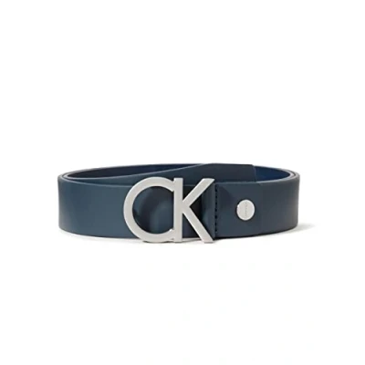 Image of Calvin Klein Men&#039;s Leather Belt Silver CK Monogram Buckle, Navy, 80cm / 32&quot; Length