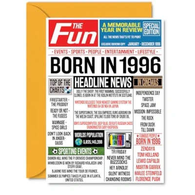 Image of 28th Birthday Cards for Women Men Born In 1996 Newspaper Happy 28 Card Sister Brother Friend Vintage Retro Back 1996, A5 Twenty Eight Eighth Bday Greeting