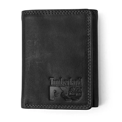 Image of Timberland PRO Men&#039;s Leather RFID Trifold Wallet with Id Window, Black/Bullard, One Size