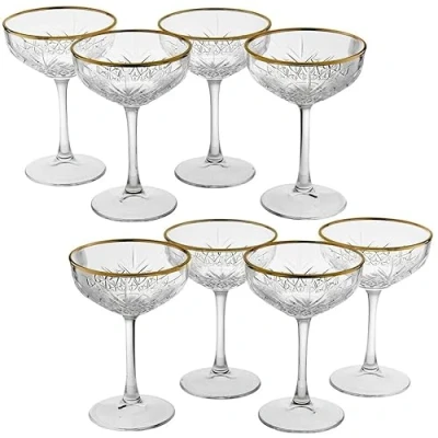 Image of Queensway Home &amp; Dining 255ml Stemmed Champagne Glasses Set with Gold Rim, Elegant Glassware for Sparkling Wine, Cocktails, Perfect Parties, Weddings and Special Occasions (Set of 8)