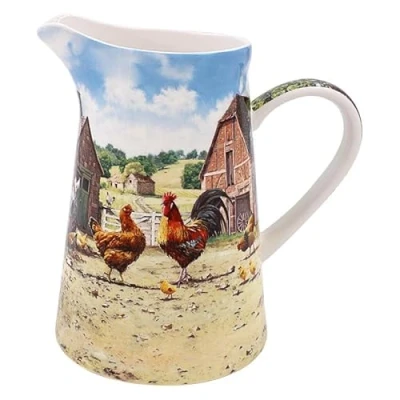 Image of Jug Ceramic Fine China Decorative Vase Cockerel &amp; Hen Farm Kitchen Tableware