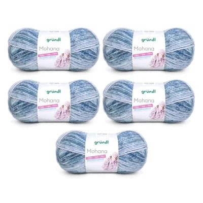 Image of Gründl Mohanna Knitting and Crochet Yarn 90% Polyacrylic 10% Mohair 5 x 100 g Thick Wool Light Blue/Turquoise/Dark Blue