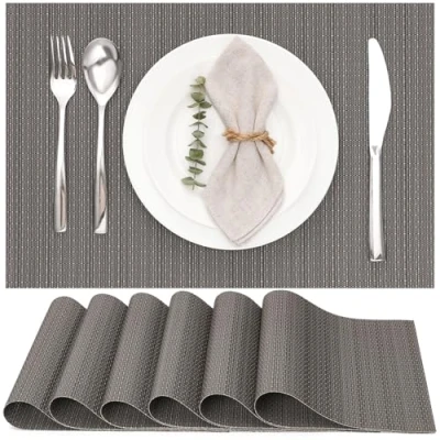Image of Myir JUN Table Mats Set of 6, Place Placemats Washable Non slip Heat Insulation Woven Vinyl for Kitchen Dinning Restaurant 18&quot;X12&quot; (Dark Gray)