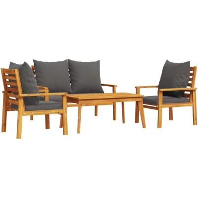 Image of vidaXL Solid Acacia Wood 4 Piece Garden Lounge Set with Rectangular Table, Bench and Chairs Complete Cream White Cushions