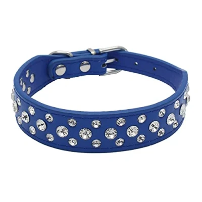 Image of haoyueer Bling Rhinestone PU Leather Crystal Diamond Pet Dog Cat Puppy Collar S M L XL (XL, Dark Blue)