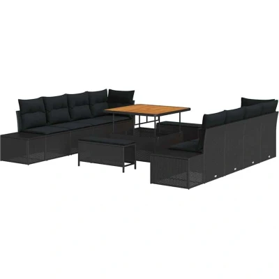 Image of vidaXL 11 Piece Garden Sofa Set with Cushions Black Poly Rattan Acacia