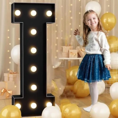 Image of Black Marquee Light Up Letter I, LED Sign Pre cut Foam Glowing Mosaic Decor for Birthday Proposal Anniversary Wedding, 120CM/4FT