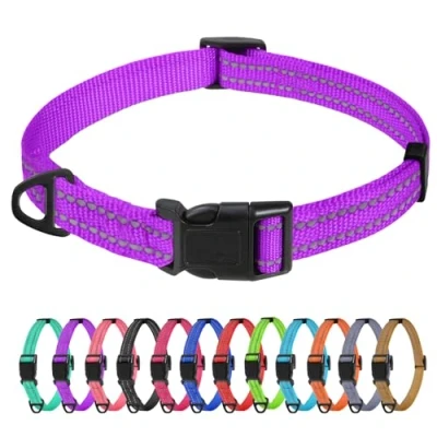 Image of TagMe Reflective Nylon Dog Collars, Adjustable Classic Collar with Quick Release Buckle for Extra Small Dogs, Purple, 1.5 cm Width