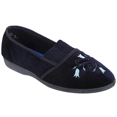 Image of Ladies Navy Velour Gusset Throat Patterned Machine Washable Slipper Inez Size UK 7