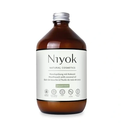 Image of Niyok Mouthwash with Coconut Oil, 500ml, Peppermint Organic Natural Cosmetics, Vegan, Sensitive, Children, Xylitol Herbal, Fluoride free