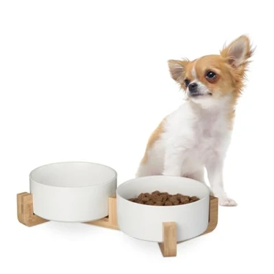 Image of Relaxdays Ceramic Dog, Double, 850 ml, Water, Food Bowl with Bamboo Stand, HxWxD: 9x32x17 cm, White, 9 x 32 17 cm