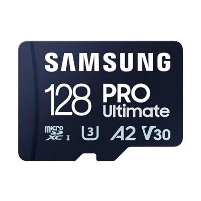 Image of Samsung PRO Ultimate microSD memory card, 128 GB, UHS I U3, 200 MB/s read, 130 write, Includes USB card reader, For smartphone, drone or action cam