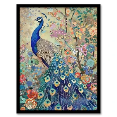 Image of Artery8 Detailed Blue Peacock Wildflower Forest Painting Living Room Artwork Framed Wall Art Print A4