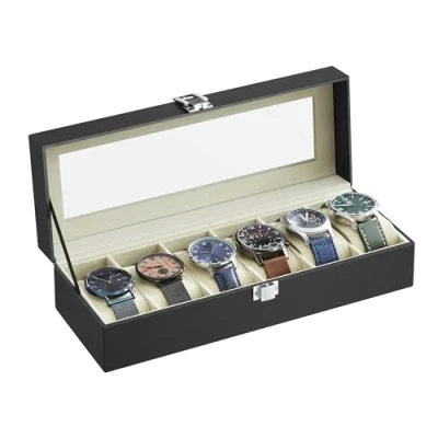Image of SONGMICS Watch Box with 6 Slots, Box, Glass Lid, Removable Pads, Metal Lock, Black Coating and Greenish Beige Lining JWB06BE