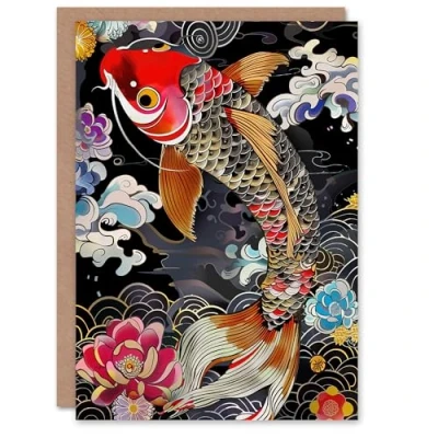 Image of Artery8 Colourful Koi Carp Tattoo Artwork Lotus Flowers Greeting Birthday Card Him Her All Blank
