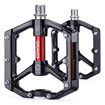 Image of CXWXC Road/MTB Bike Pedals Aluminum Alloy Bicycle Mountain Pedal with Removable Anti Skid Nails (A: Black Red)