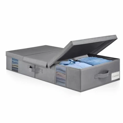 Image of BOSNONA Under Bed Storage Box with Lid Foldable Underbed Boxes Visual Window Reinforced Handles Clothes for Blankets Duvets Pillows Bedding (Grey, 1 Pack)