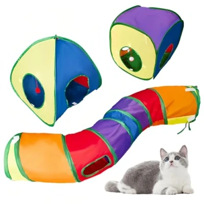 Image of Focenat 3 in 1 Cat Tunnel Indoor, Collapsible Enclosure Playpen, Pop up Play Tent, Interactive Toy with Bell Ball, Tunnels for Kitty Puppy Rabbit Exercising Hiding Training (A)