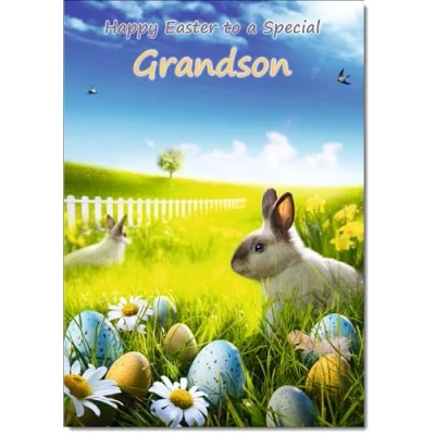 Image of doodlecards Grandson Easter Card Bunnies in Field Medium Size with Plain Envelope