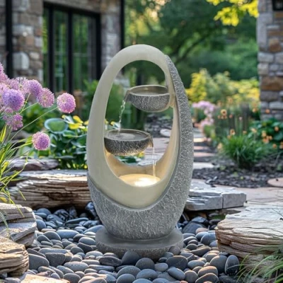 Image of CHARLES BENTLEY 2 Tier Water Feature, UV Resistant, Weather Mains Powered, Plug Included, Frost Warm White, Fountain, Built In LED Lights, Oval Design (59.5x30x23.5cm)