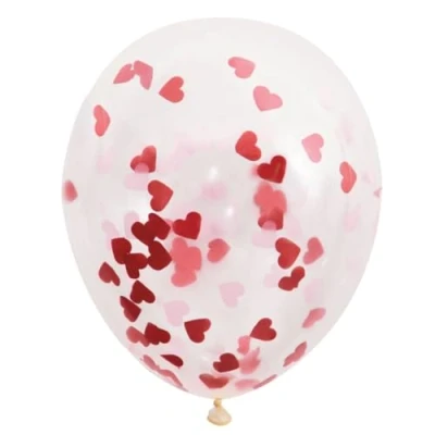Image of Clear Latex Balloons with Red Heart Confetti (40cm) Pack of 5 Perfect for Romantic Celebrations and Events