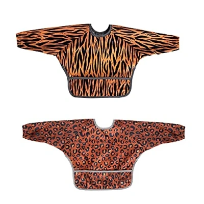 Image of Nibble &amp; Roar®️ Sleeved Bib Weaning Baby Toddler Washable Wipeable Stain and Odour Resistant 6 24 months TWIN PACK (Tiger Leopard)