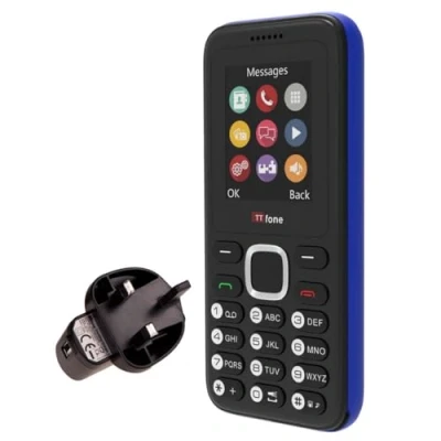 Image of TTfone TT150 Unlocked Basic Mobile Phone UK Sim Free with Bluetooth, Long Battery Life, Dual camera and games, easy to use, durable light weight pay as you go (Blue, Mains Charger)