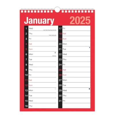 Image of 2025 Calendar Spiral Bound Wall Planner for Home Business Office School 1 January To 31 December (A4 Large Print Month View)