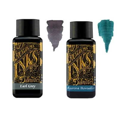 Image of Diamine Fountain Pen Ink 30ml 2 x Bottles Earl Grey &amp; Aurora Borealis