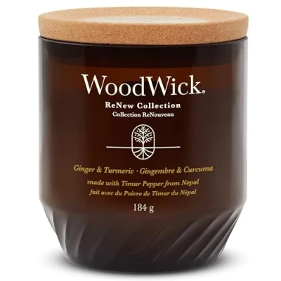 Image of WoodWick Renew Scented Candle with Crackling Wick Ginger &amp; Turmeric Medium Plant Based Soy Coconut Wax Blend Made Recycled Materials Perfect Gifts for Women