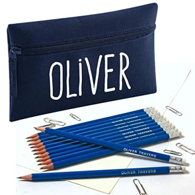 Image of Zip Pencil Case with Name and 12 Embossed HB Eraser Tipped Pencils (Navy Blue)