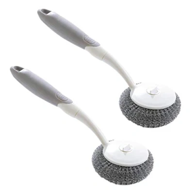 Image of Hemoton Wire Dish Brush Stainless Steel Scourer Scrub Pad with Long Handle Cleaning Scrubbers for Scouring Balls 2PCS