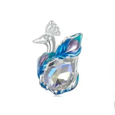 Image of Yashuo Opalescent Ocean Deep Blue Charm 925 Sterling Silver Murano Glass Sea Turtle Dolphins Mermaid Animal Charms for Pandora Bracelet (Peacock Charm)