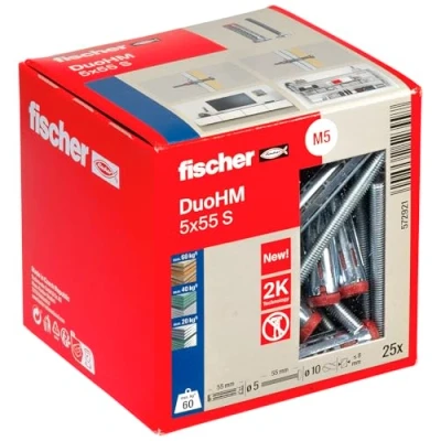 Image of fischer DuoHM 5 x 55 S PZ Cavity Dowels with Metric Panhead Screw and Drive for Attaching TV Brackets, Lights, Wall Shelves, etc. in Panel Building Materials, Pack of 25